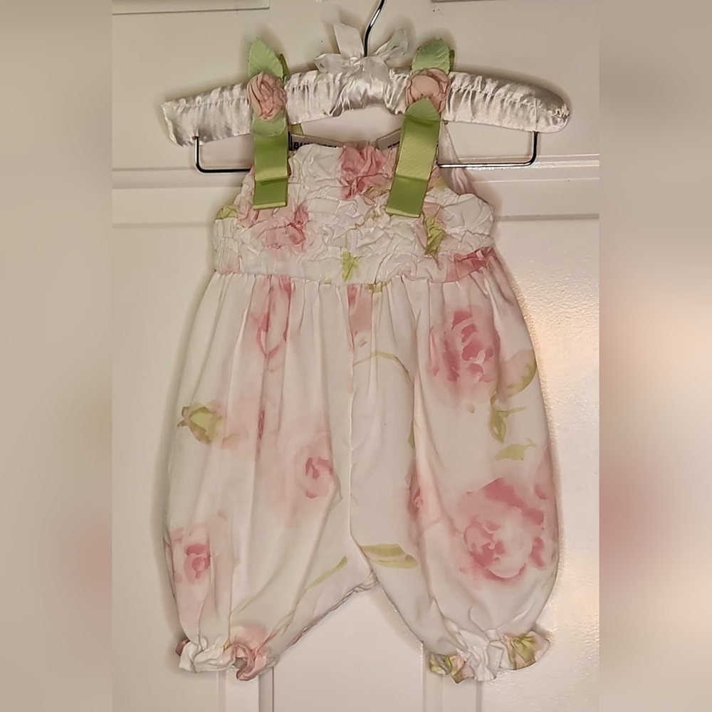 Blueberi Boulevard Floral Baby Romper with Pink and Green Accents Size 6-9 mos.